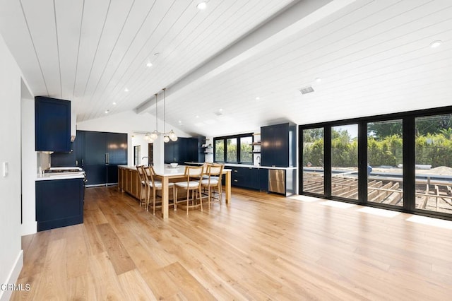 dining room featuring vaulted ceiling with beams, recessed lighting, visible vents, an inviting chandelier, and light wood-type flooring