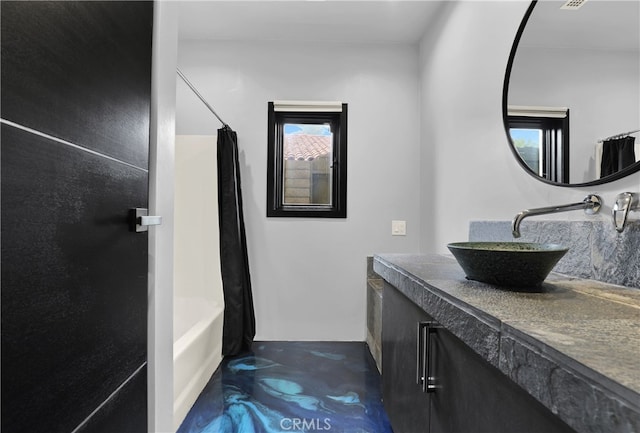 205 Esplanade, San Clemente, CA 92672 - bathroom with decorative backsplash, shower / tub combo with curtain, finished concrete floors, and vanity