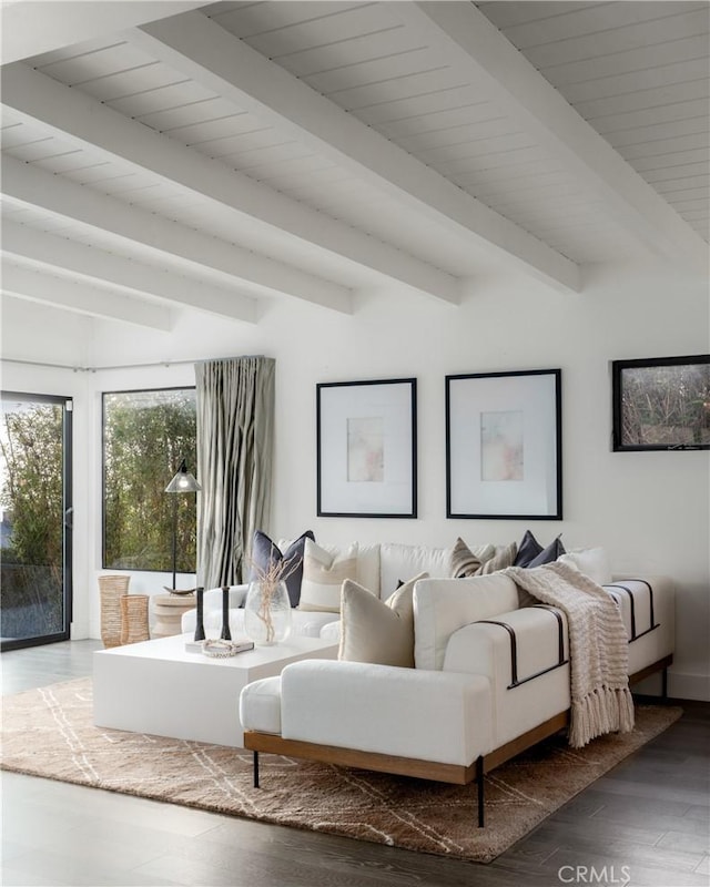 4414 Monaco St, San Diego, CA 92107 - living area with beam ceiling and wood finished floors