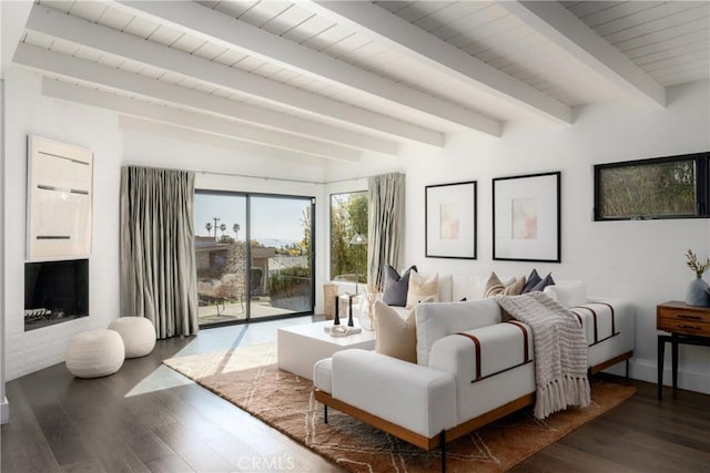 4414 Monaco St, San Diego, CA 92107 - bedroom with wood finished floors, beamed ceiling, access to outside, and a fireplace