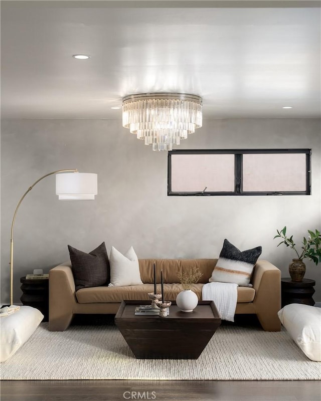4414 Monaco St, San Diego, CA 92107 - living area with a chandelier, wood finished floors, and recessed lighting