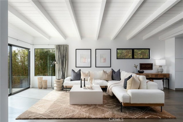 4414 Monaco St, San Diego, CA 92107 - living room with wood finished floors and beamed ceiling