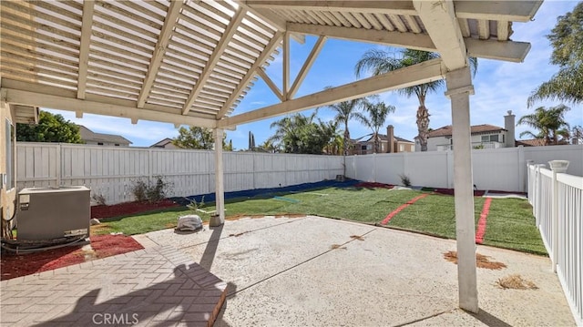 view of patio / terrace featuring central air condition unit, a fenced backyard, and a pergola