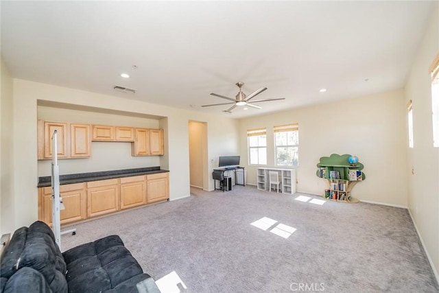 unfurnished living room featuring light carpet, baseboards, visible vents, and recessed lighting