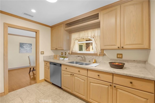 kitchen with a sink, light brown cabinets, visible vents, and dishwasher