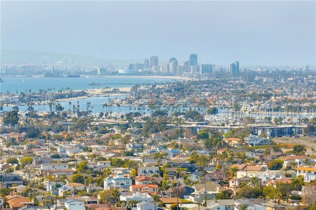 drone / aerial view featuring a water view and a city view