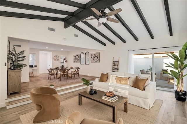 living area featuring high vaulted ceiling, light wood finished floors, visible vents, and beamed ceiling