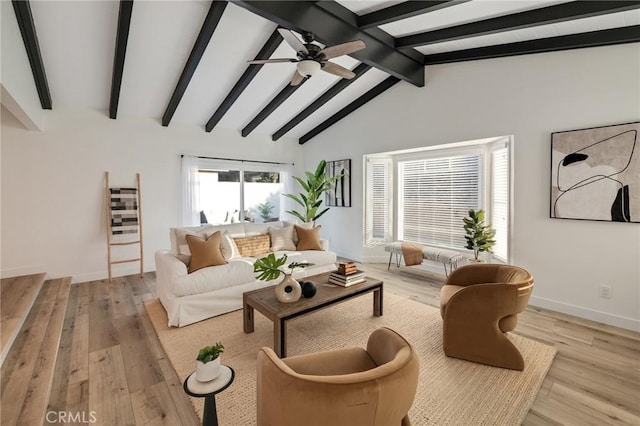 living area featuring light wood-type flooring, ceiling fan, lofted ceiling with beams, and baseboards