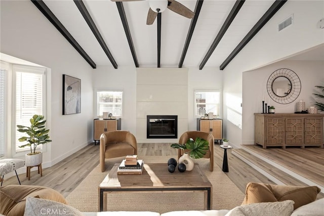 living room with beam ceiling, a healthy amount of sunlight, a fireplace, and light wood-style flooring