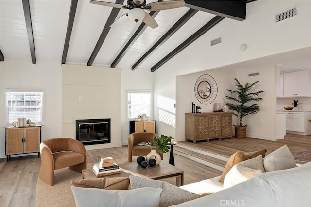 living room featuring light wood-type flooring, a fireplace, visible vents, and beam ceiling