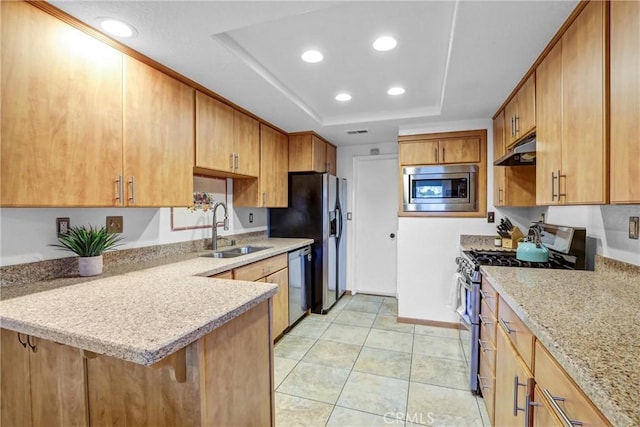 kitchen featuring a tray ceiling, appliances with stainless steel finishes, a sink, a peninsula, and under cabinet range hood