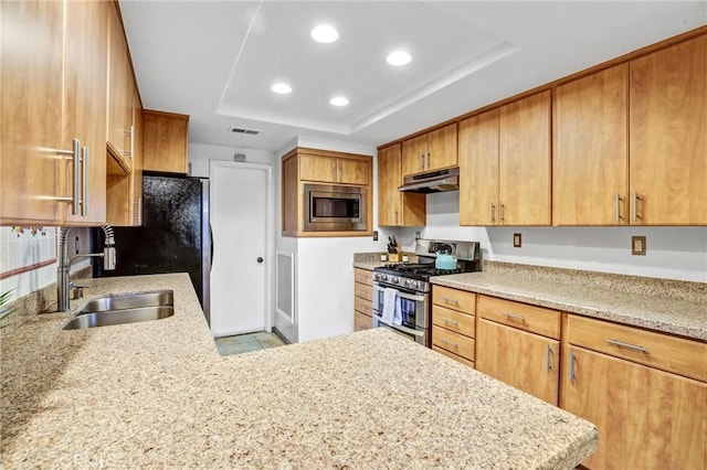 kitchen featuring a raised ceiling, visible vents, appliances with stainless steel finishes, a sink, and under cabinet range hood