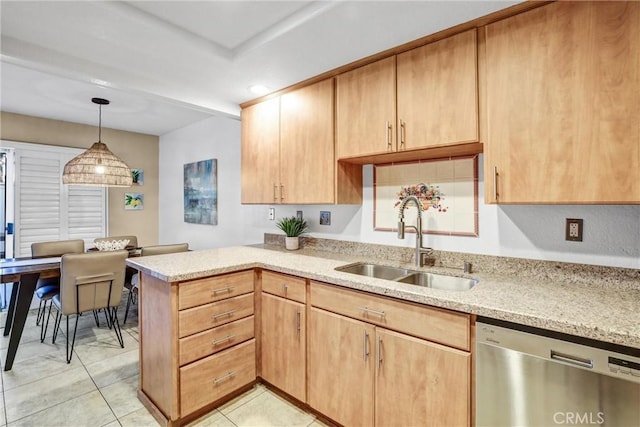 kitchen featuring light tile patterned flooring, a peninsula, a sink, light stone countertops, and dishwasher