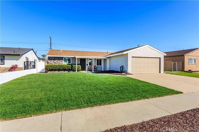 single story home with an attached garage, fence, driveway, stucco siding, and a front lawn