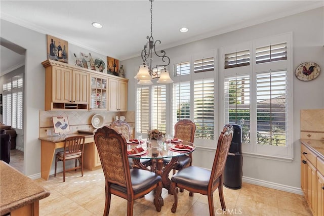 dining space featuring light tile patterned floors, baseboards, ornamental molding, and recessed lighting