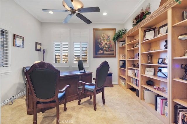 office space featuring ceiling fan, baseboards, and recessed lighting