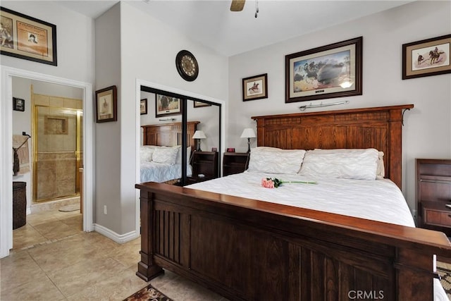 bedroom featuring ceiling fan, light tile patterned floors, and baseboards