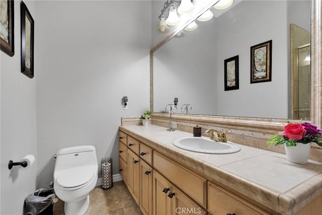 full bathroom featuring toilet, tile patterned floors, a shower with door, and vanity