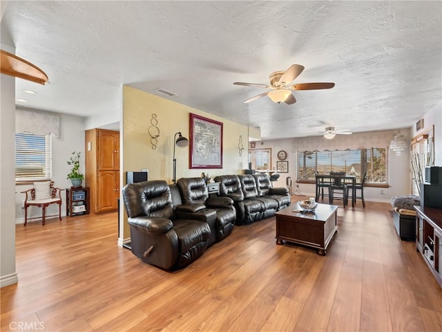 living area featuring a textured ceiling, wood finished floors, visible vents, and baseboards