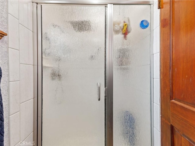 bathroom with a shower with door