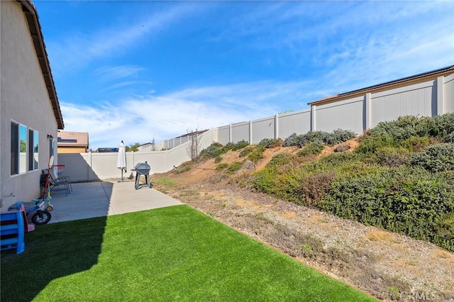 view of yard with a fenced backyard and a patio