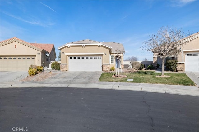 view of front facade with an attached garage, concrete driveway, stone siding, stucco siding, and a front yard