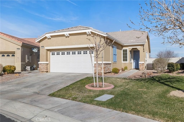 view of front of house with a garage, stone siding, a tiled roof, and stucco siding