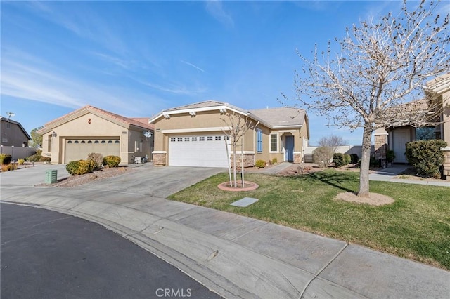 view of front of house with an attached garage, stone siding, driveway, stucco siding, and a front lawn