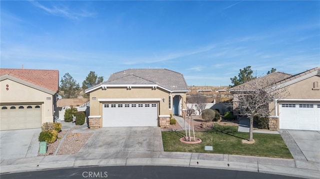 view of front facade with driveway, stone siding, an attached garage, and stucco siding