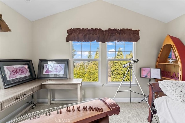 bedroom with carpet flooring, vaulted ceiling, and baseboards