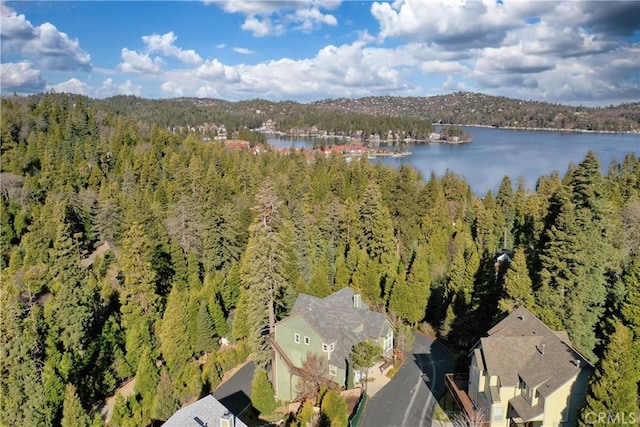 aerial view featuring a water view and a forest view