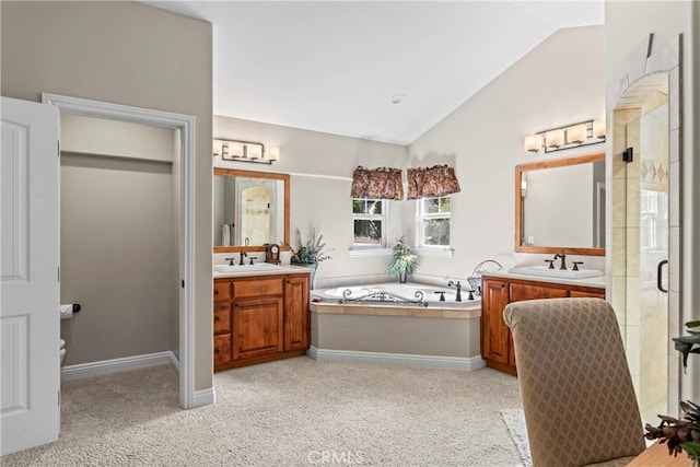 full bathroom featuring a stall shower, lofted ceiling, two vanities, and a sink