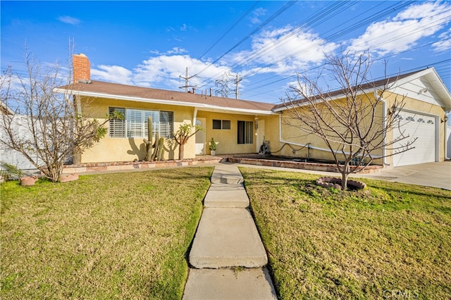 ranch-style home featuring a chimney, stucco siding, an attached garage, a front yard, and driveway