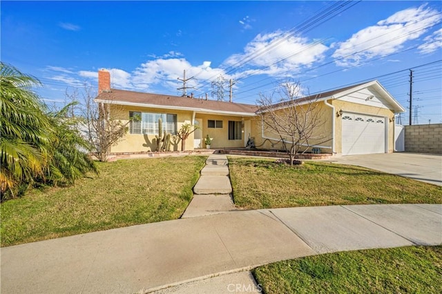 single story home with a garage, driveway, stucco siding, a front lawn, and a chimney