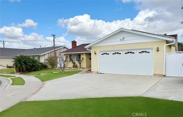 ranch-style home featuring an attached garage, driveway, a gate, and stucco siding