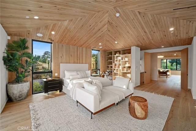 bedroom featuring light wood-type flooring, wood ceiling, wooden walls, and recessed lighting