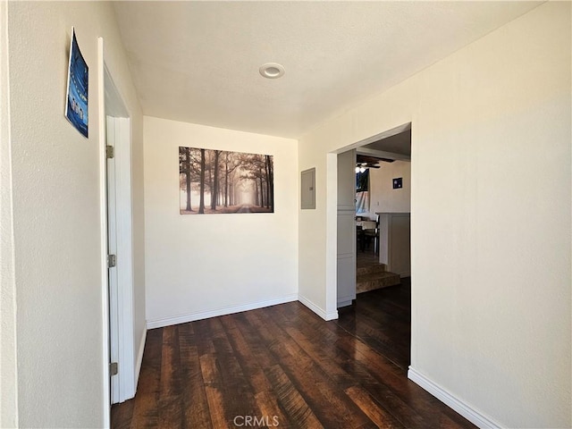 corridor featuring electric panel, dark wood finished floors, and baseboards