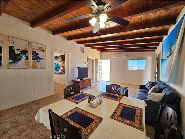 living room with beam ceiling, visible vents, wooden ceiling, a wall mounted air conditioner, and baseboards