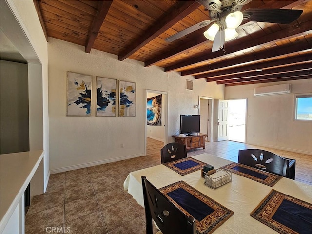 living room with dark tile patterned floors, beamed ceiling, a wall mounted air conditioner, and wooden ceiling