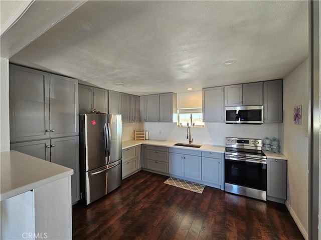 kitchen featuring light countertops, appliances with stainless steel finishes, a sink, and gray cabinetry