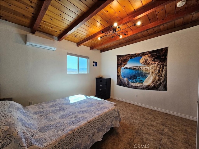 bedroom with baseboards, a wall unit AC, wooden ceiling, beamed ceiling, and tile patterned floors