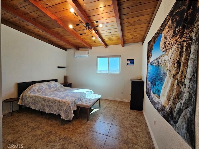 tiled bedroom featuring an AC wall unit, beamed ceiling, wood ceiling, and baseboards