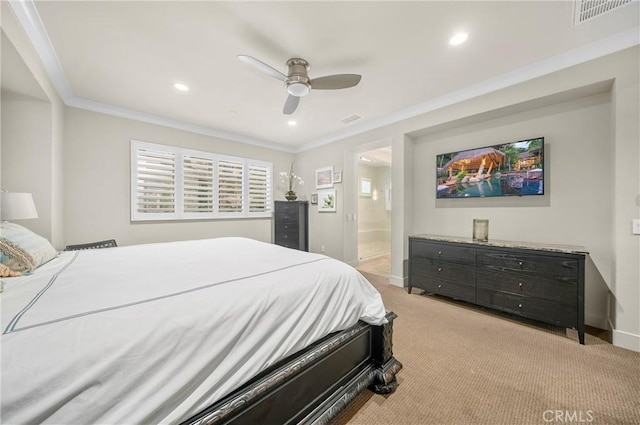 bedroom featuring baseboards, visible vents, light colored carpet, and ornamental molding