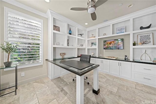 home office with baseboards, recessed lighting, a ceiling fan, and built in features