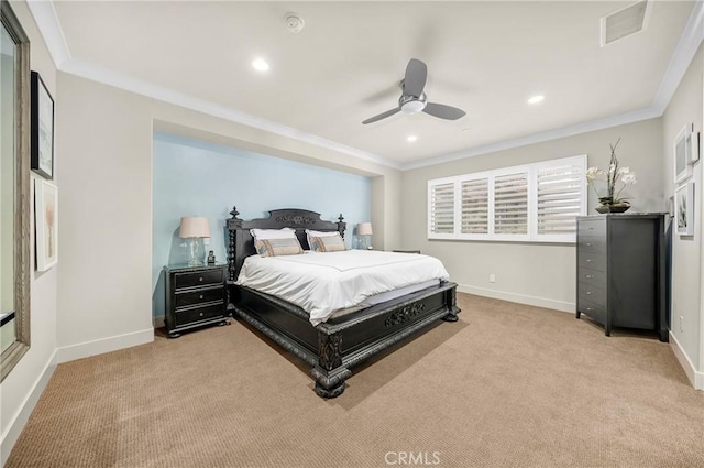 bedroom featuring light carpet, visible vents, baseboards, and crown molding