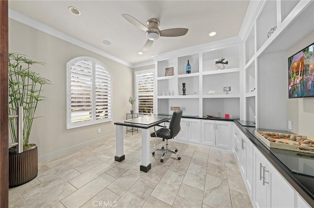 office area with baseboards, a ceiling fan, built in study area, crown molding, and recessed lighting