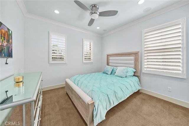 bedroom with recessed lighting, carpet flooring, crown molding, and baseboards