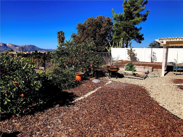 view of yard featuring a patio, a fenced backyard, and a mountain view