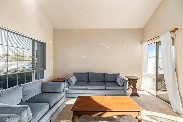 living area with high vaulted ceiling