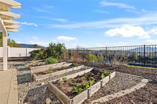 view of yard featuring fence and a vegetable garden